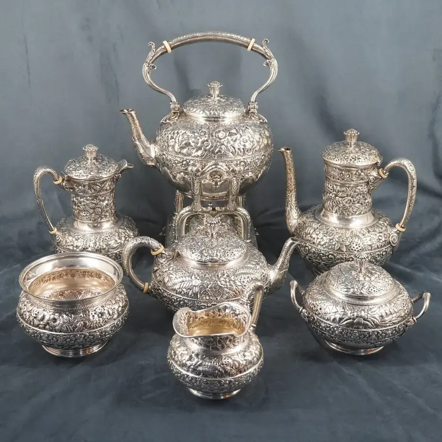 Repoussé sterling silver tea and coffee service