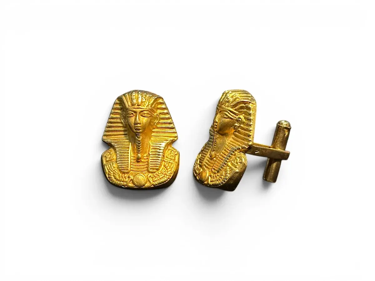 Vintage 18K Yellow Gold Egyptian Pharaoh Cufflinks With Egyptian Hallmarks — Pair