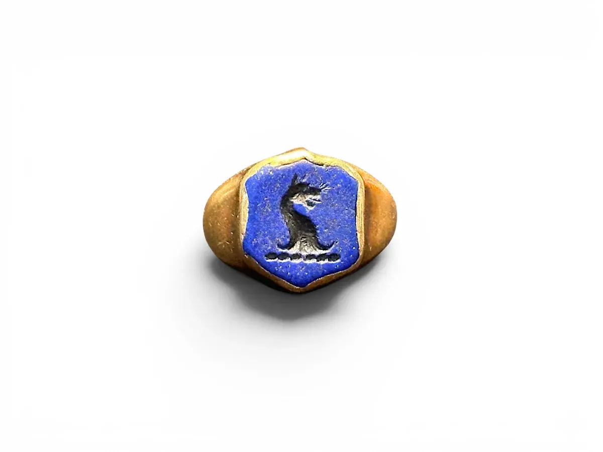 Antique English 18K Yellow Gold Hand-Carved Lapis Lazuli Signet Ring With Mythological Beast Intaglio