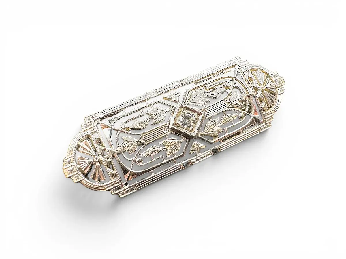 14K White Gold Natural Diamond Antique Filigree Brooch