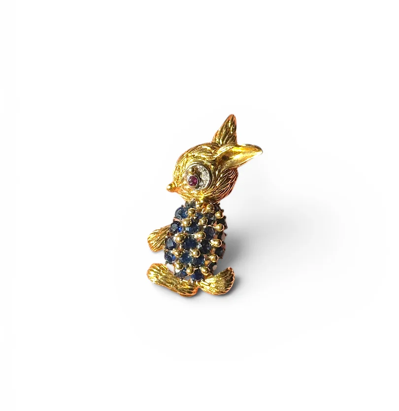 18K Yellow Gold Italian Rabbit / Bunny Form Brooch With Sapphires, Diamond & Ruby Eye