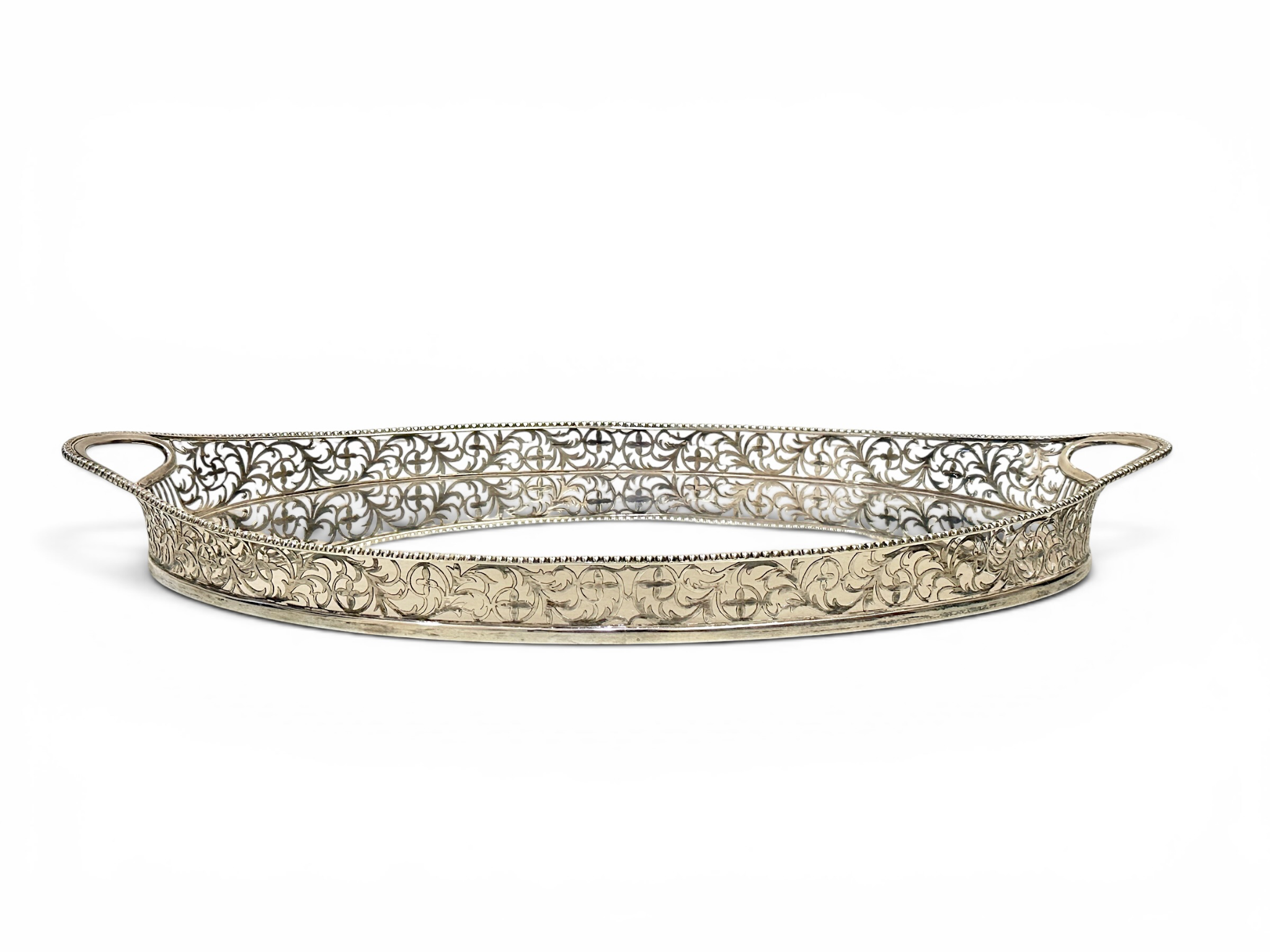 English Sterling Silver Oval Gallery Tray With Pierced Scroll & Foliate Gallery, Double Handles — Hallmarked Sterling & England, CSH Maker
