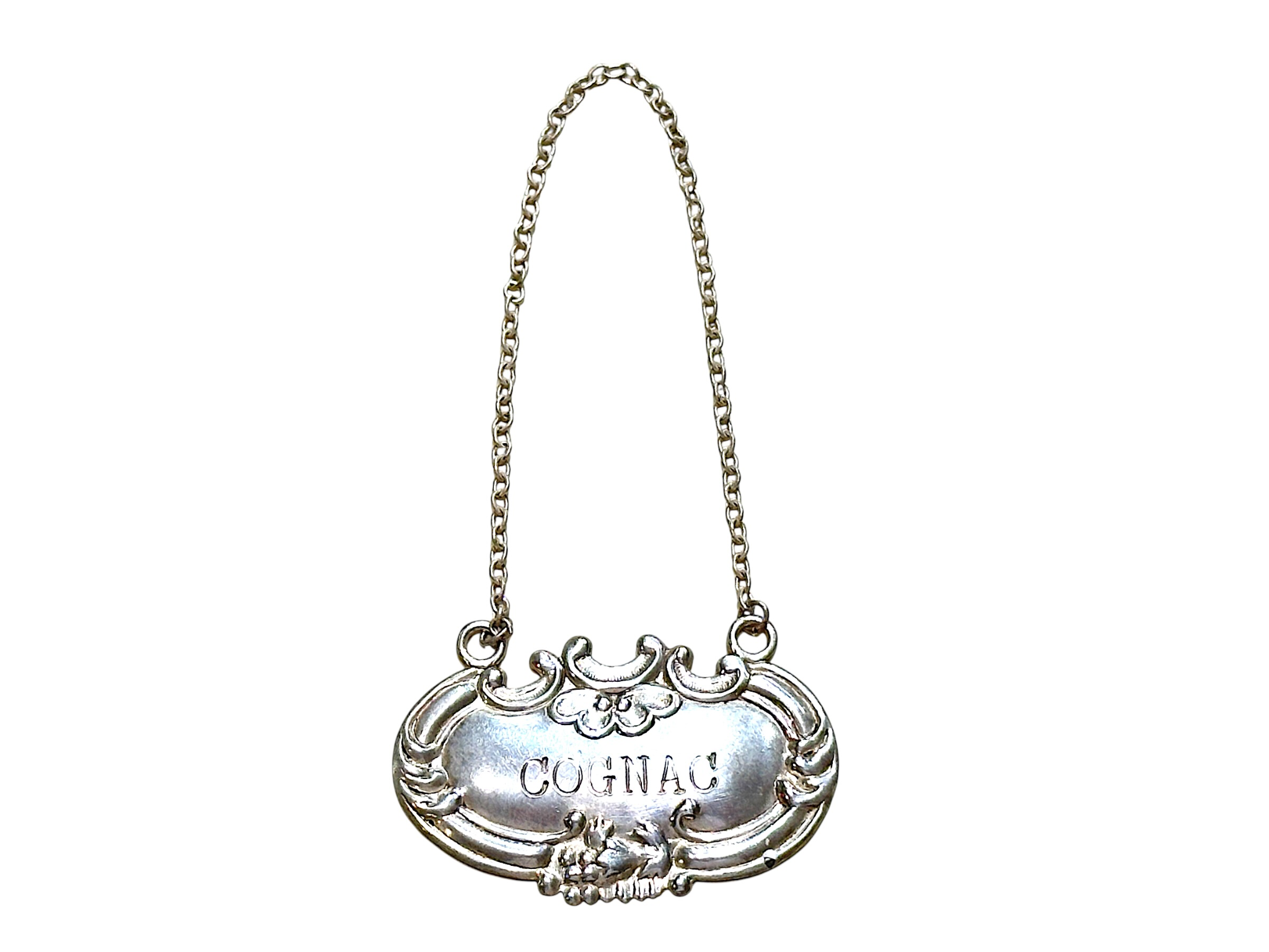 Sterling Silver Cognac Decanter Label Tag on Chain, Rococo-Style Repousse