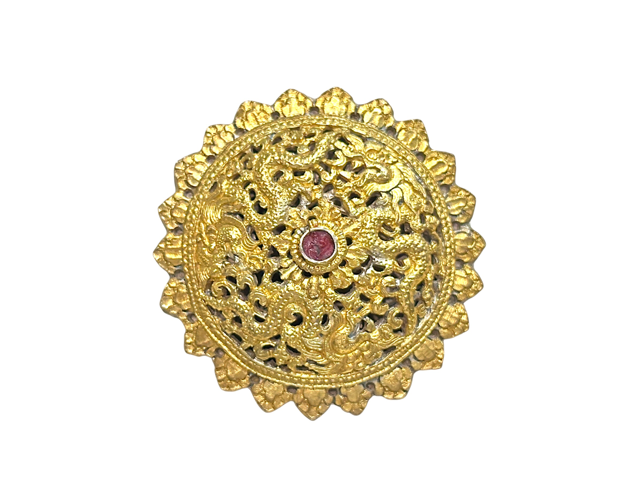 Antique Bhutanese Gold-Washed Sterling Silver Repoussé Dragon Pendant Koma / Strap Hook