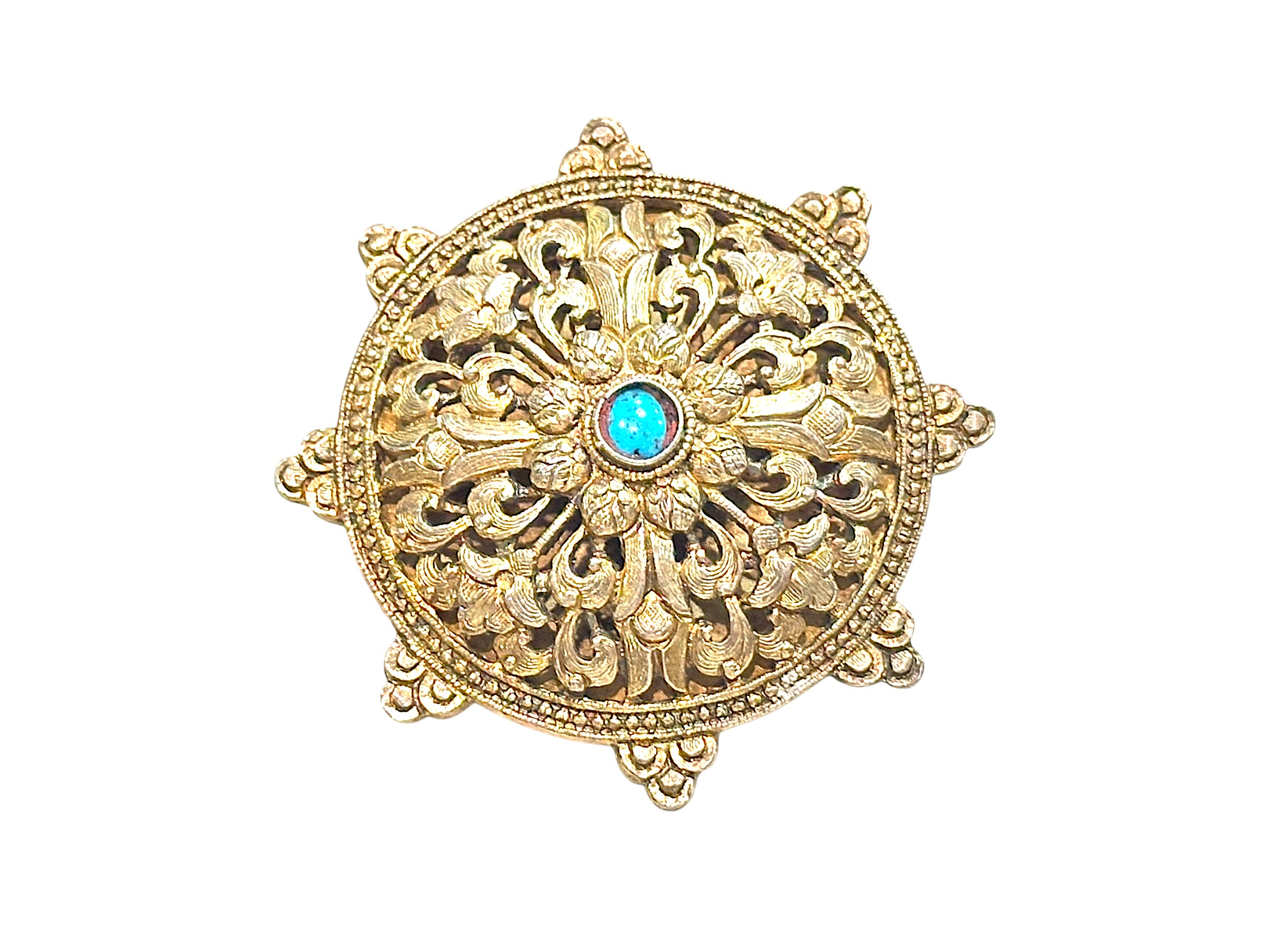 Antique Bhutanese Koma Sterling Silver Gold-Wash Brooch / Pendant with Turquoise Stone