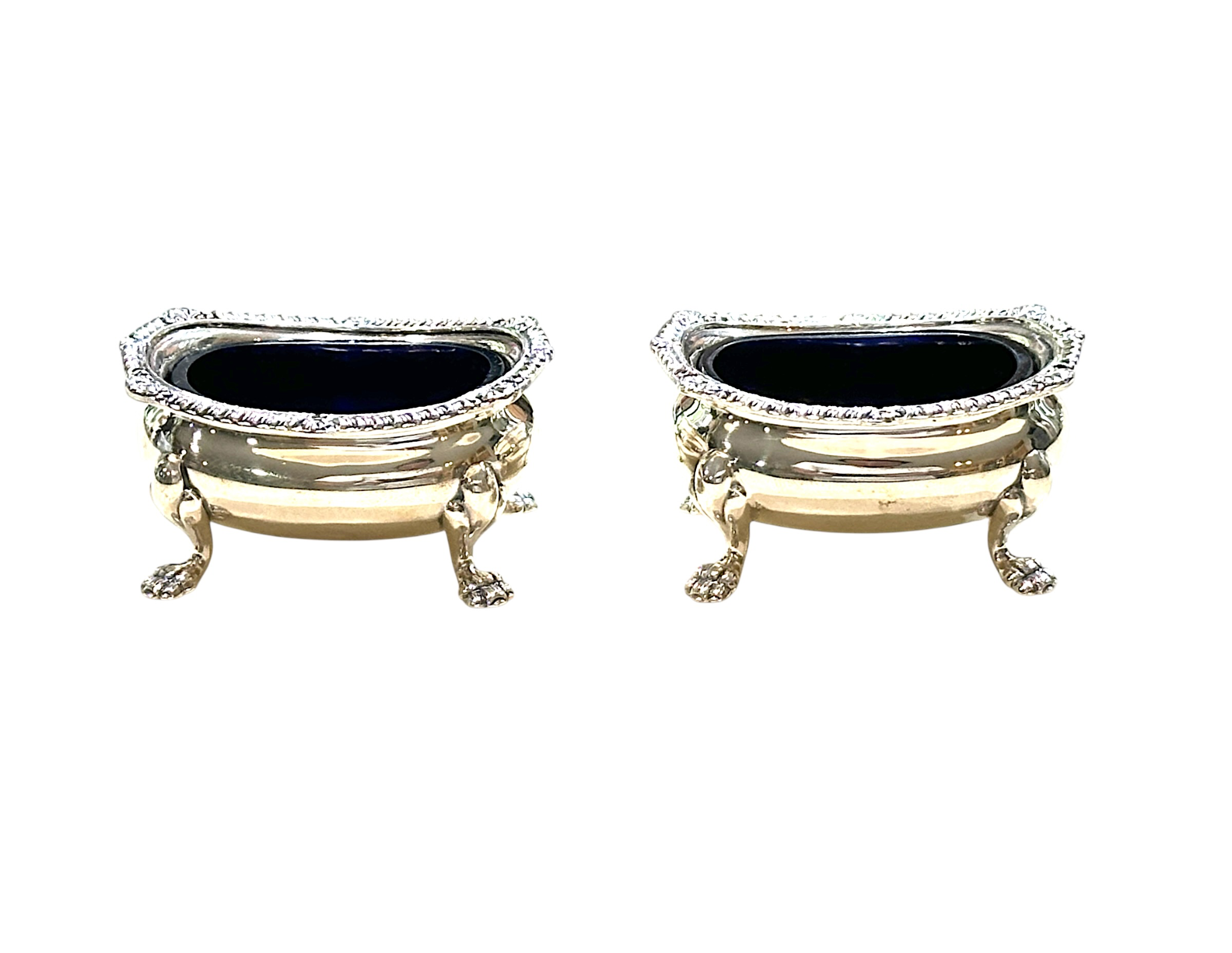 Pair of Antique English Sterling Silver Salt Cellars With Cobalt Blue Glass Liners