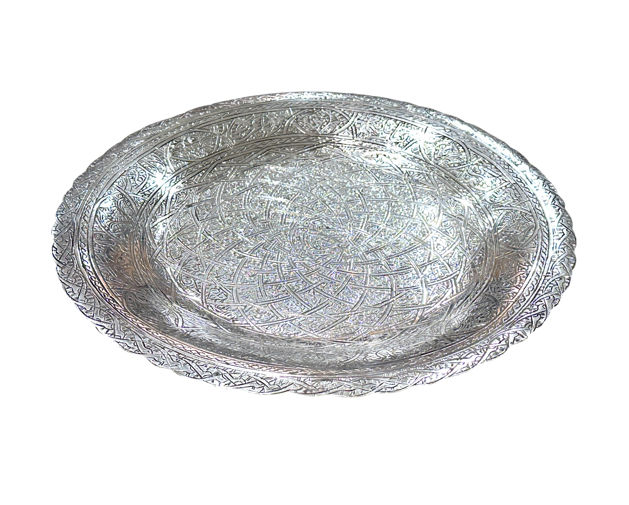 Vintage Egyptian Silver Hand-Engraved Round Tray With Arabic Script