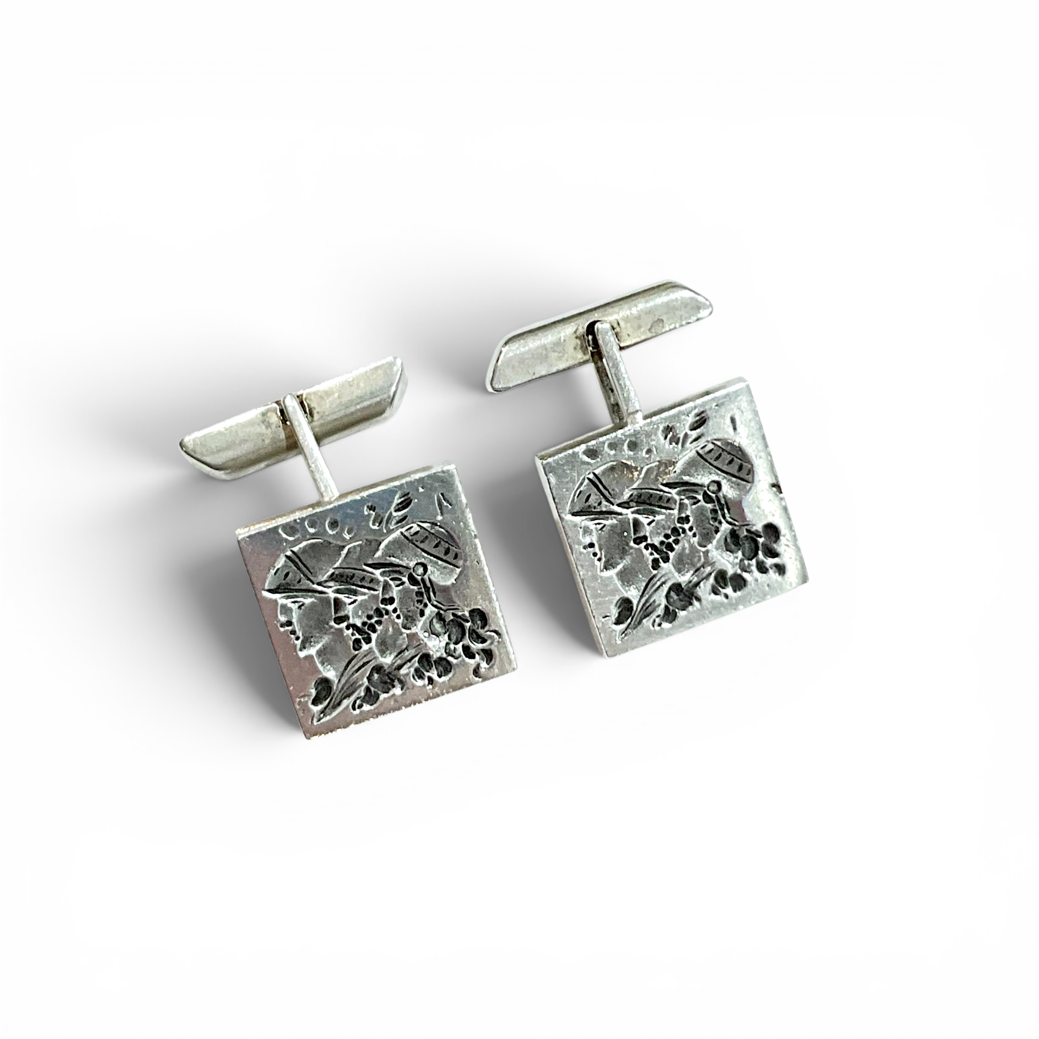 Vintage Sterling Silver Men's Cufflinks With Carved Figural Scene