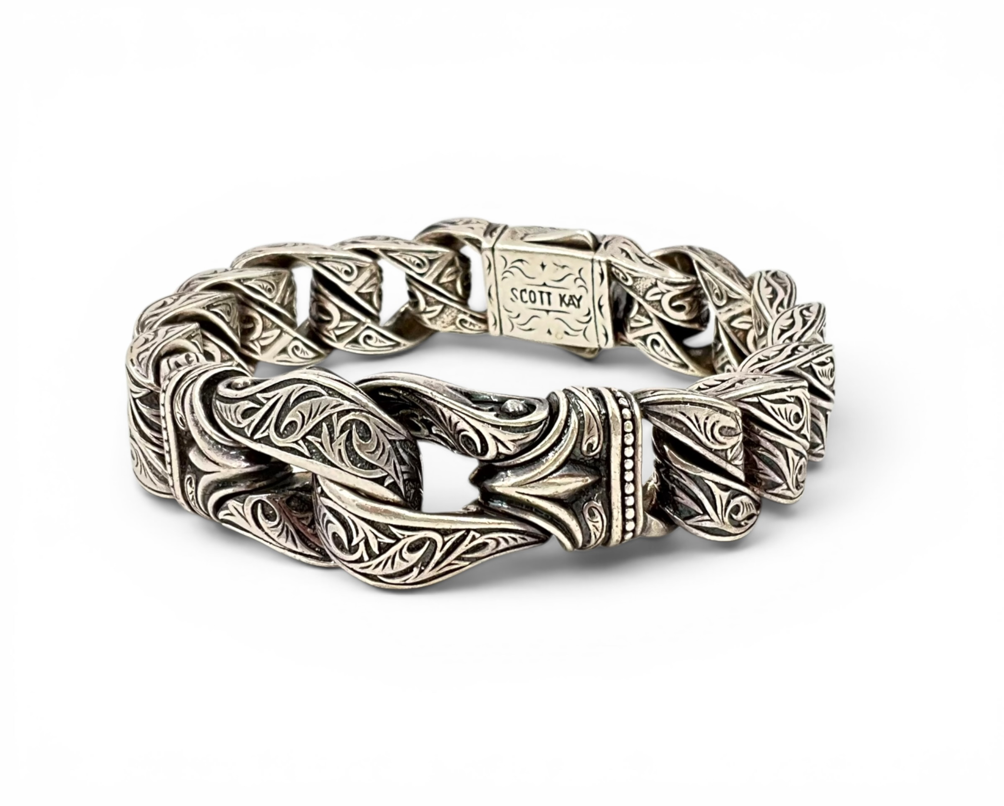 Scott Kay Men's Sterling Silver & 18K Yellow Gold Heavy Link Bracelet — Old World Engraved Design