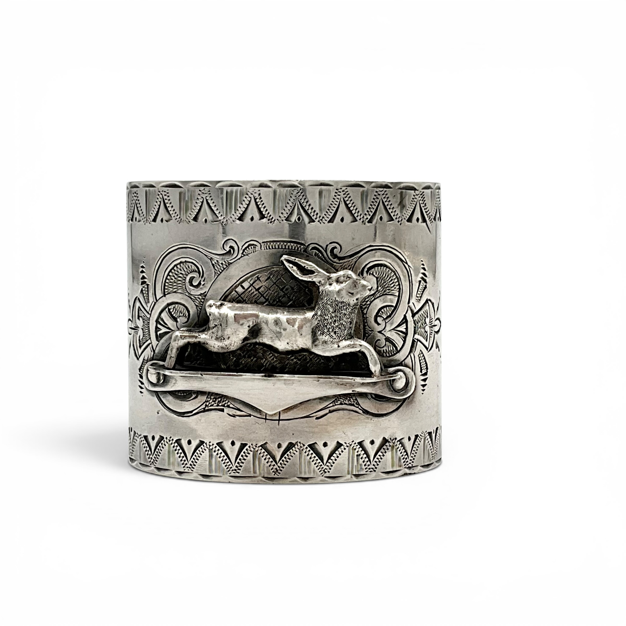 Victorian Silver Napkin Ring W/ Applied Running Rabbit / Hare Figure and Engraved Decoration, Monogrammed MAD