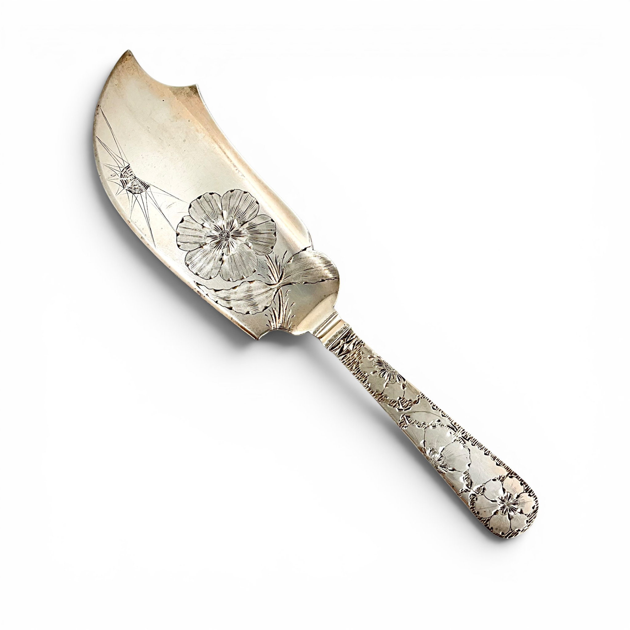 William Wilson & Son Sterling Silver Naturalist Fish Server — Floral & Spiderweb Engraving