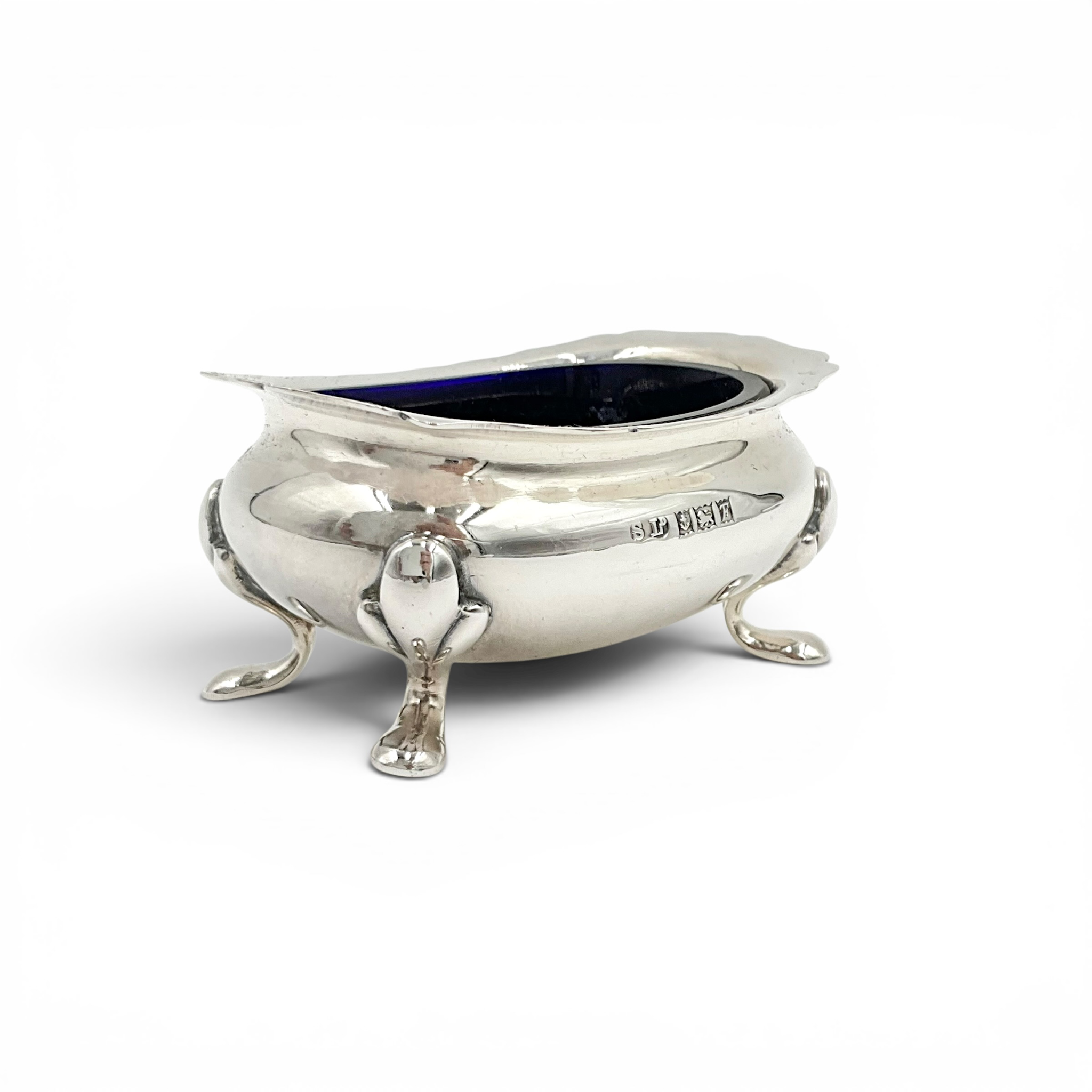 William Suckling Sterling Silver Footed Salt Cellar With Cobalt Glass Liner, Birmingham 1955