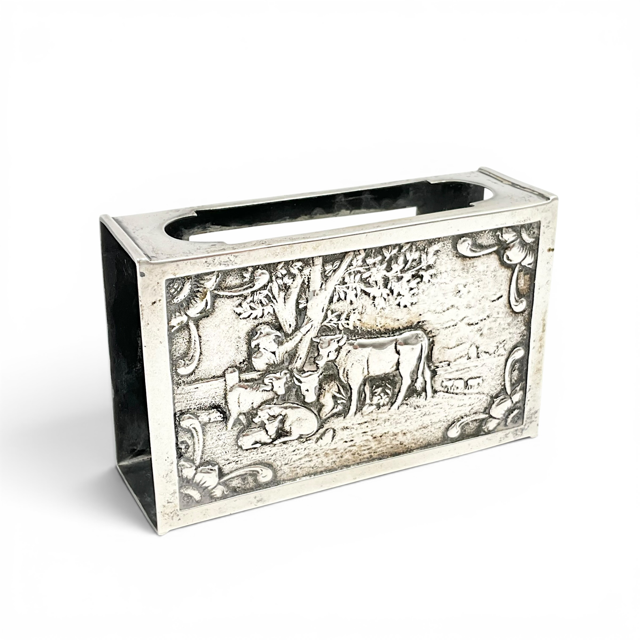 Antique Dutch 833 Silver Matchbox Holder Vesta Case With Embossed Pastoral Scene