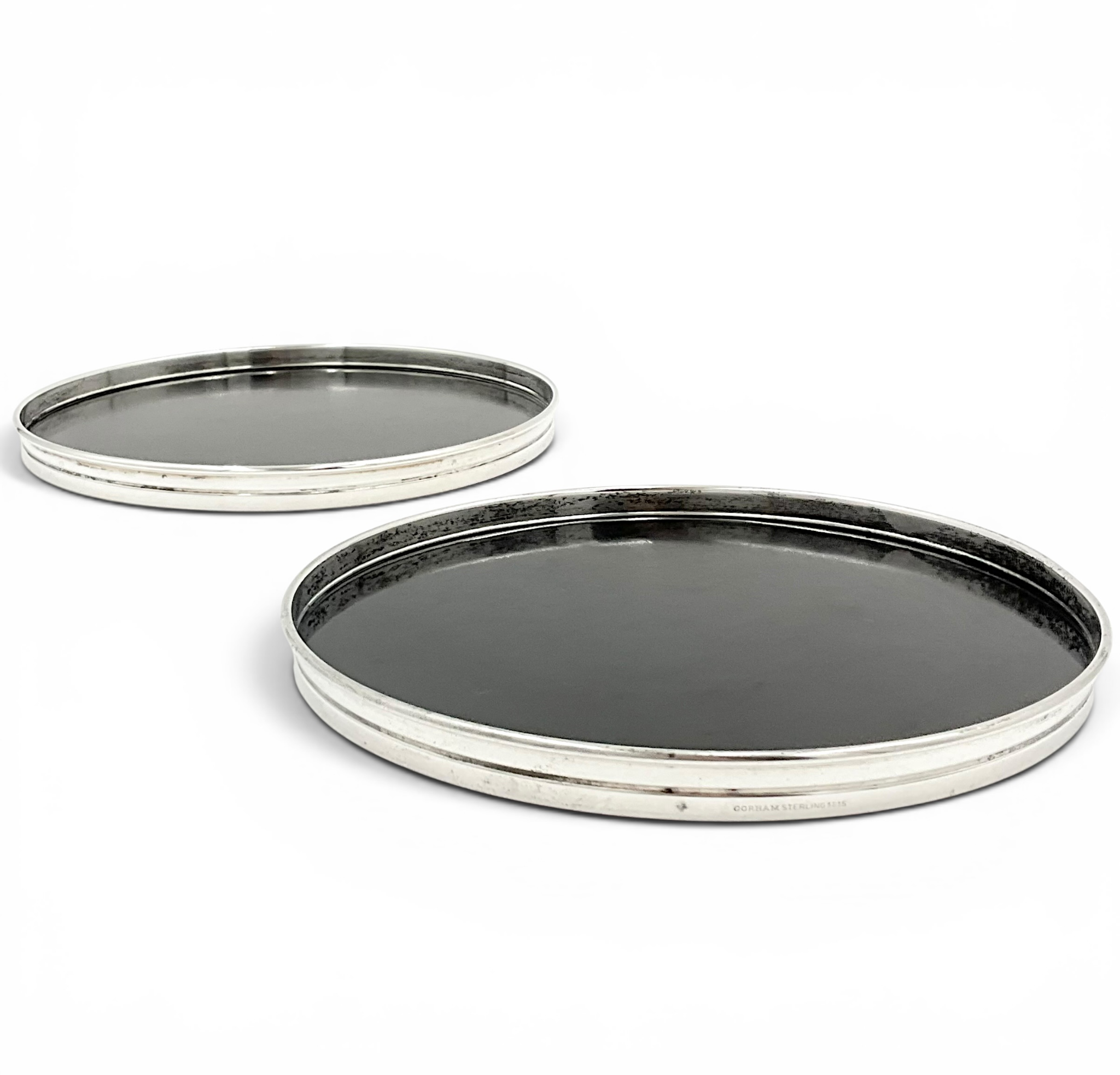 Pair Gorham “Trivitray” Sterling Silver & Laminated Plastic Coasters / Beverage Trivets, Pattern 1315 Mid Century