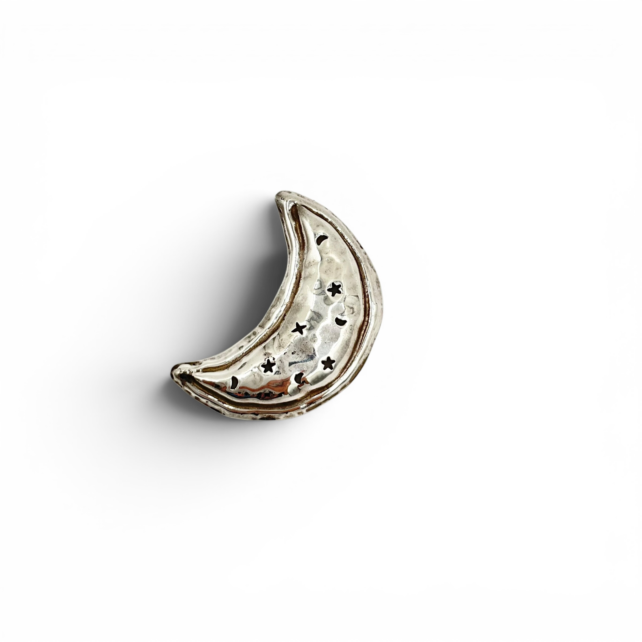Sterling Silver Crescent Moon & Stars Brooch — Hammered Finish, Marked