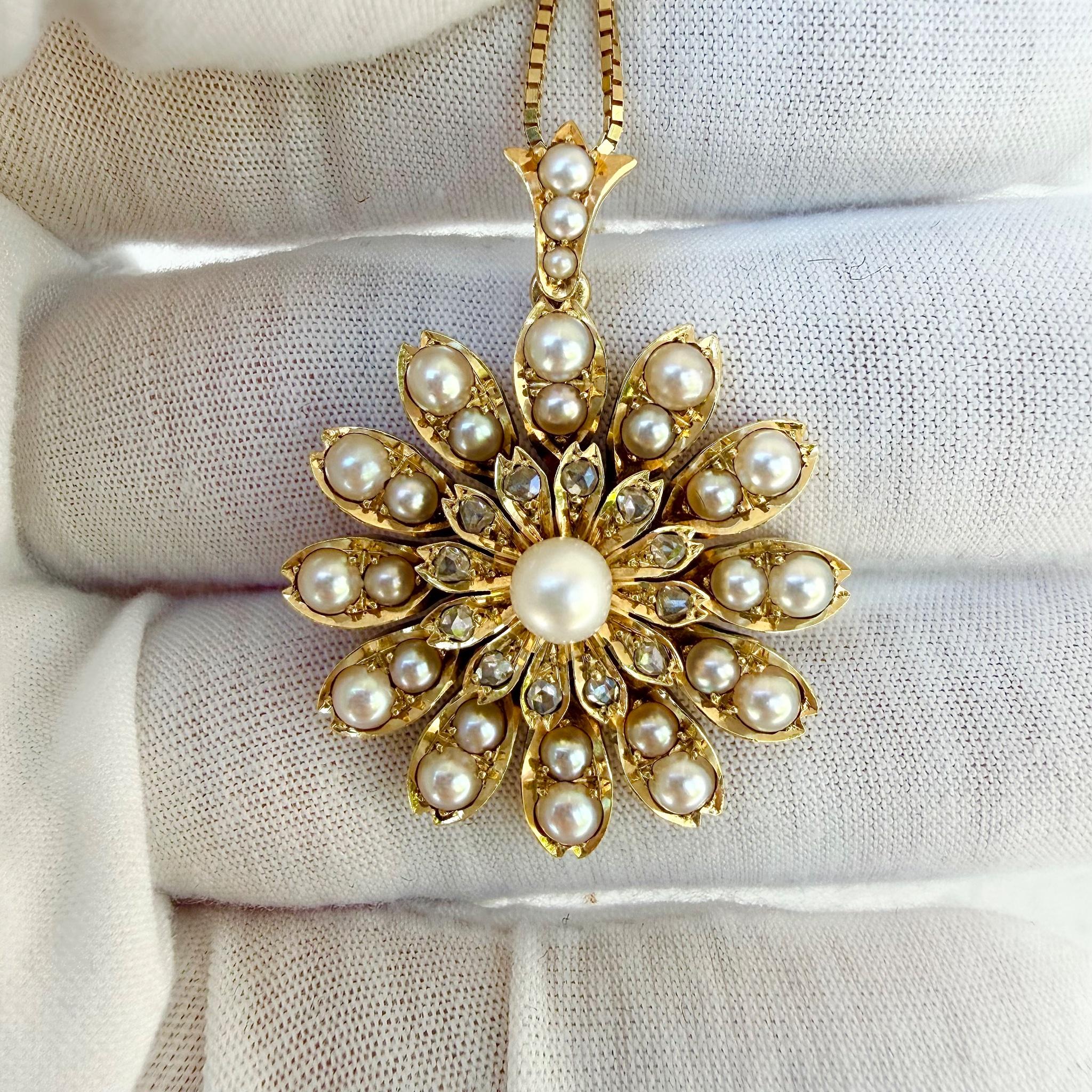 14K Yellow Gold Pearl & Old-Cut Diamond Flower Convertible Pendant / Brooch