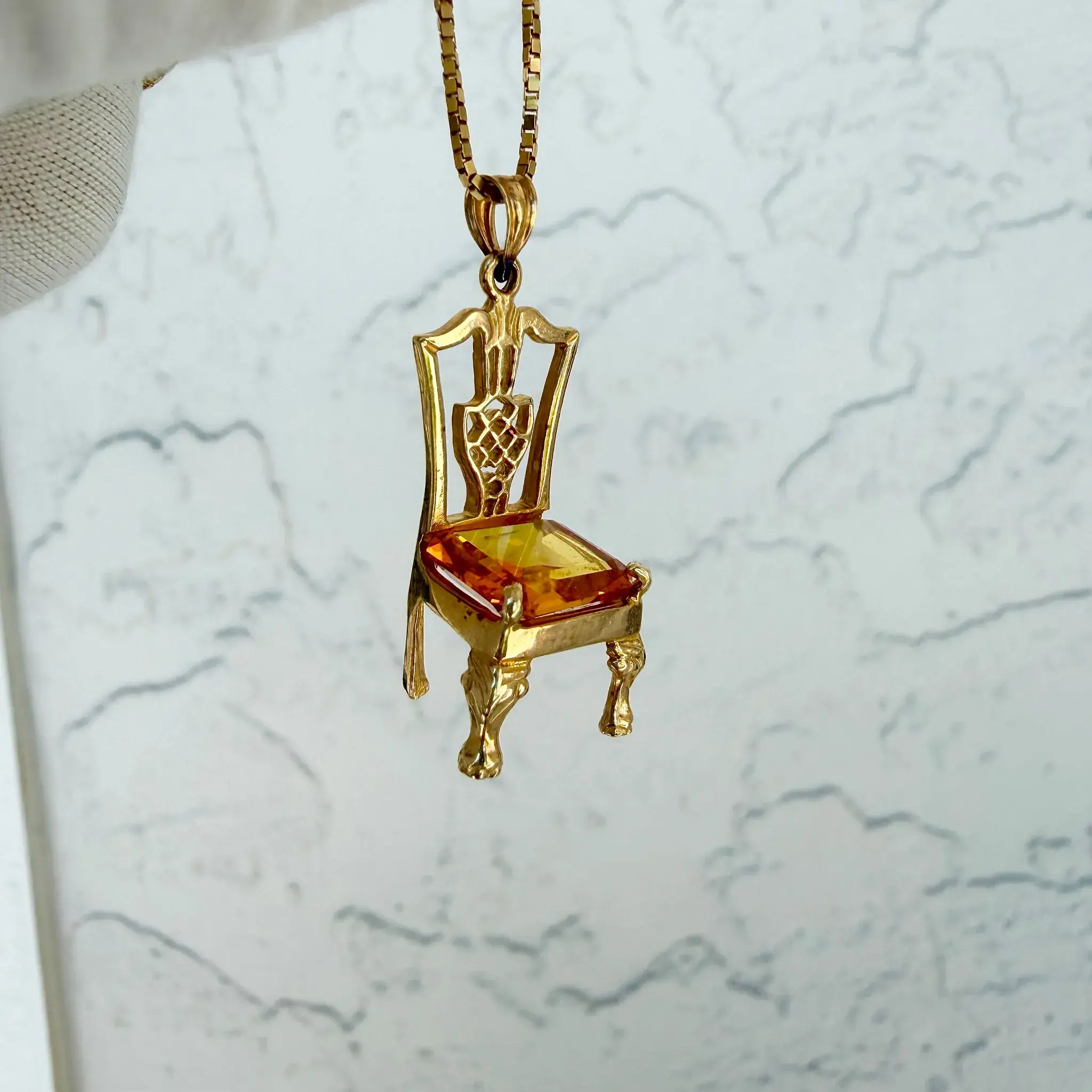 14K Yellow Gold Chippendale Chair Pendant With Orange Synthetic Sapphire Seat