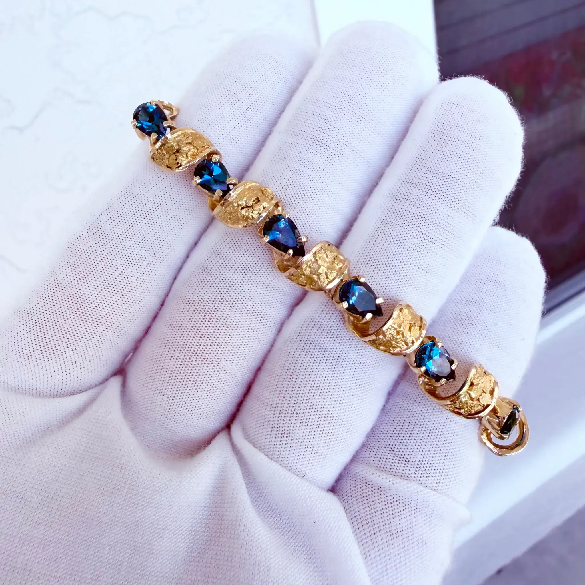 14K Yellow Gold Nugget-Finish Link Bracelet With Heart-Cut Blue Topaz Stones