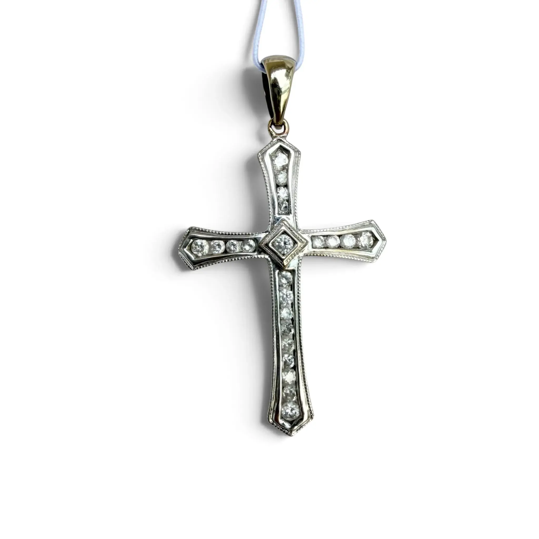 14K White & Yellow Gold Natural Diamond Cross Pendant — 22 Diamonds, Milgrain Detail