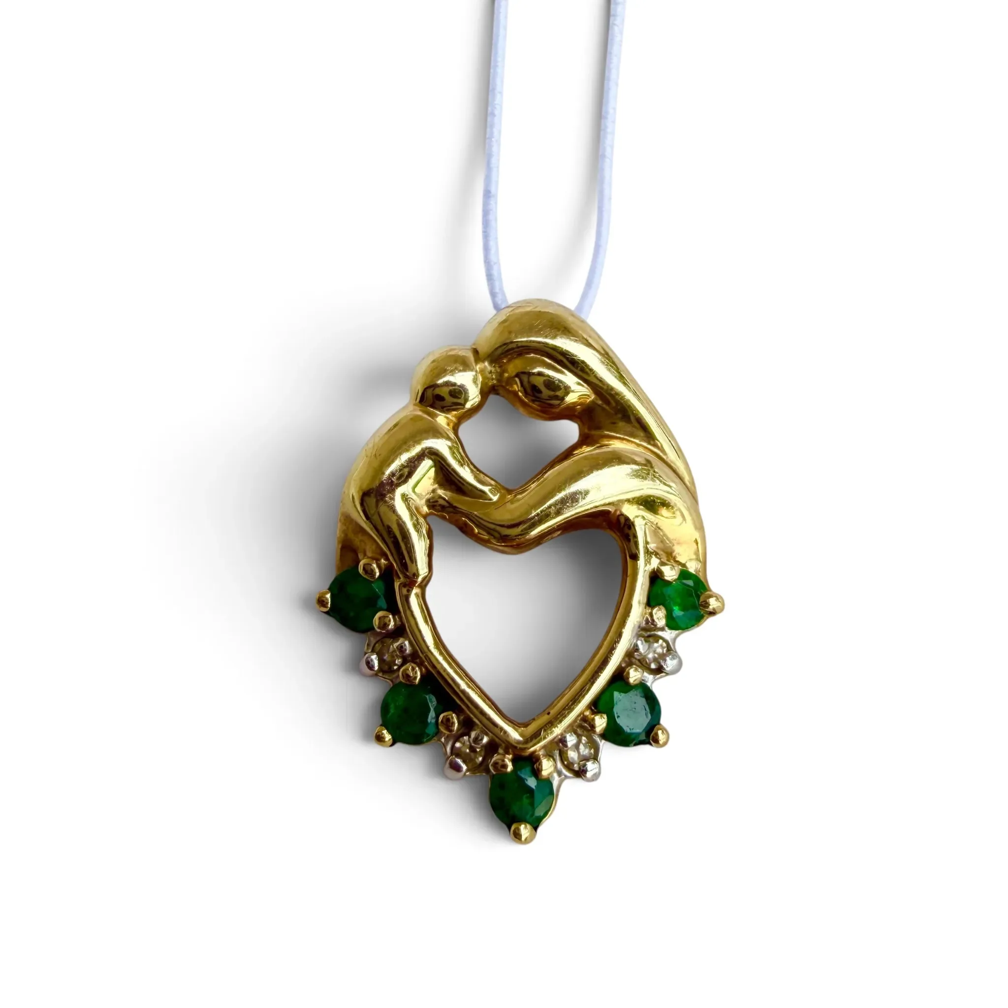 10K Yellow Gold Mother & Child Heart Pendant With Natural Emeralds & Diamonds