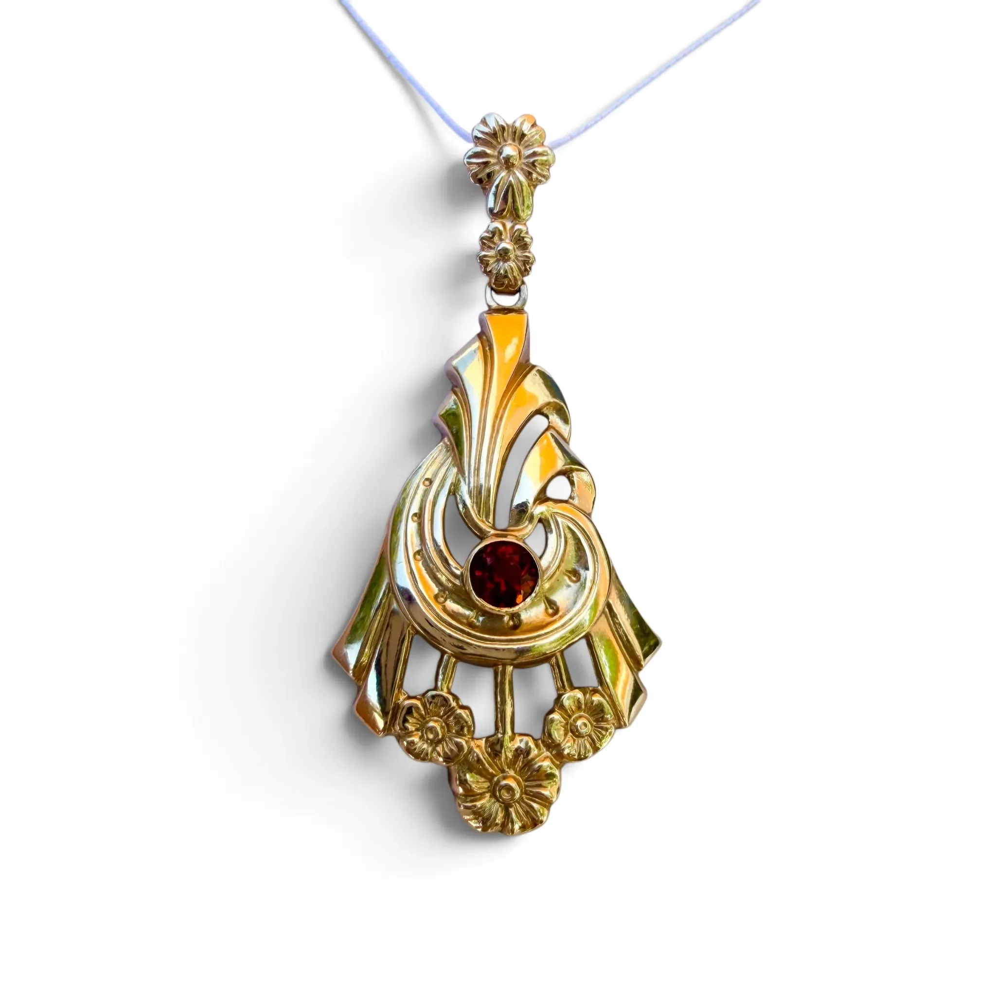 10K Yellow Gold Art Nouveau Floral Pendant With Garnet