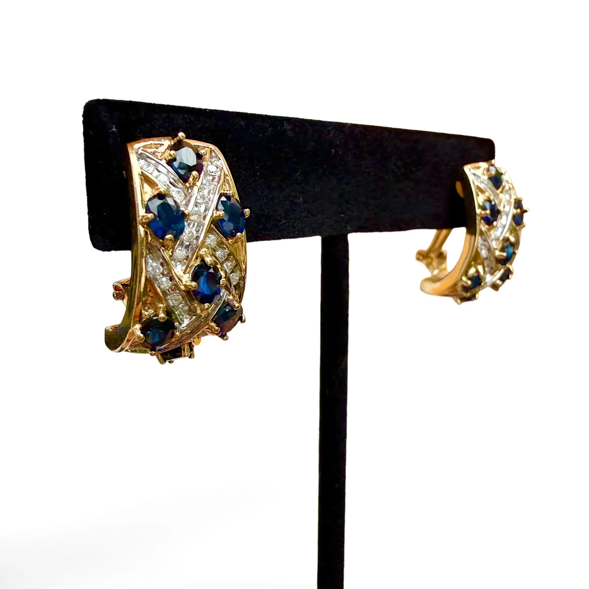 14K Yellow Gold Sapphire & Diamond Crossover Ribbon Earrings with Omega-Back Clips