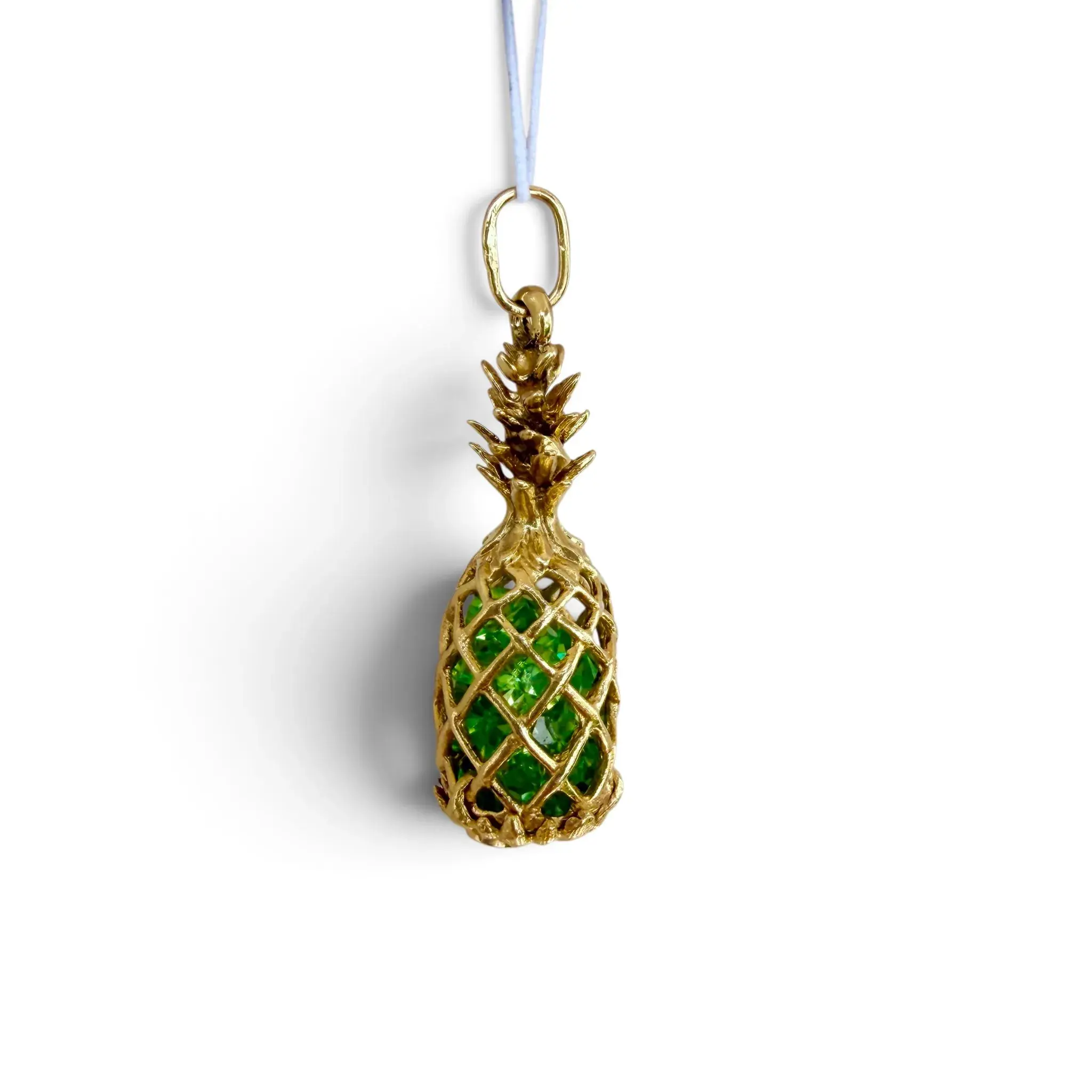 14K Yellow Gold Pineapple Pendant With Lattice Cage Design and Peridot Stones