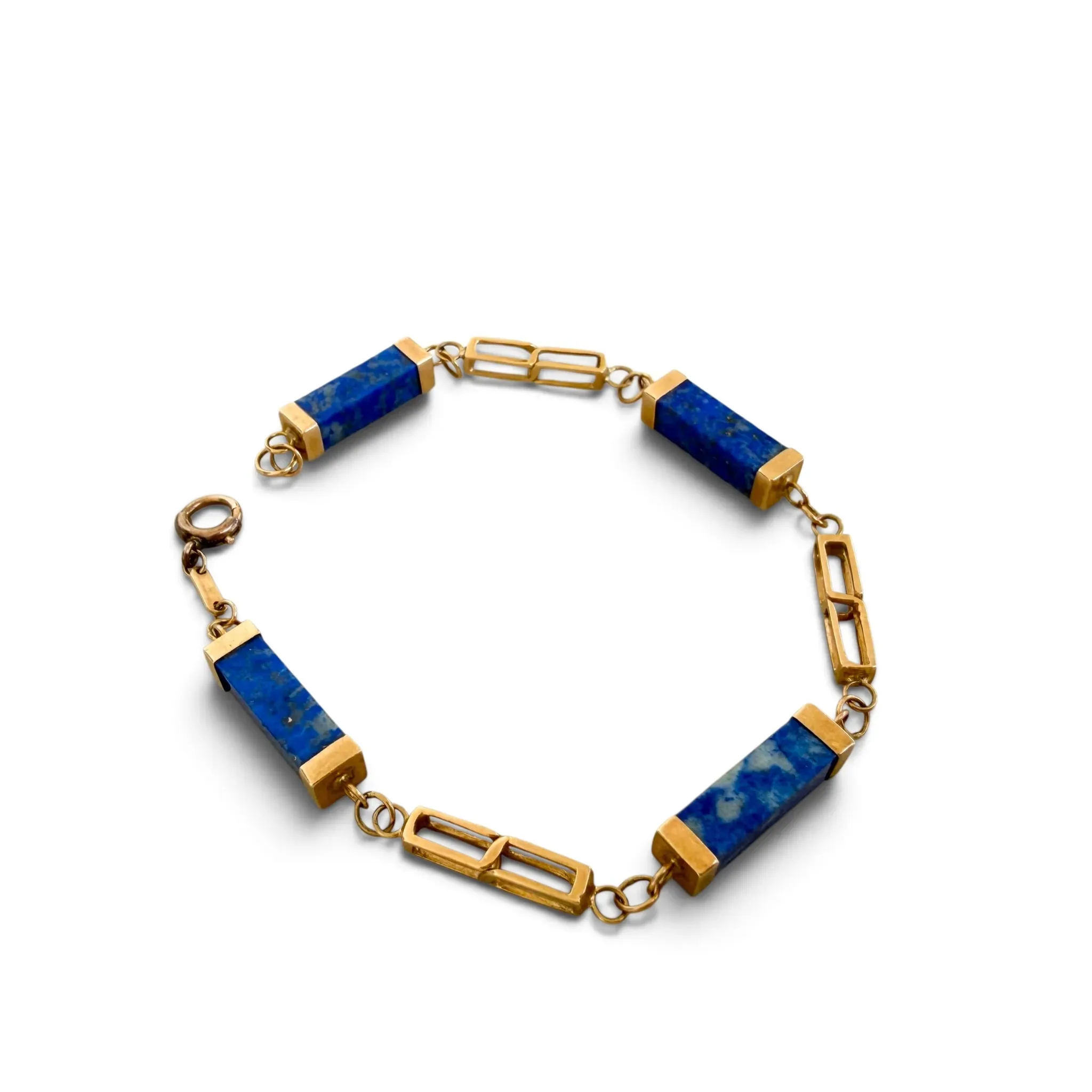 14K Yellow Gold & Lapis Lazuli Geometric Bar-Link Bracelet — Art Deco / Aesthetic Movement