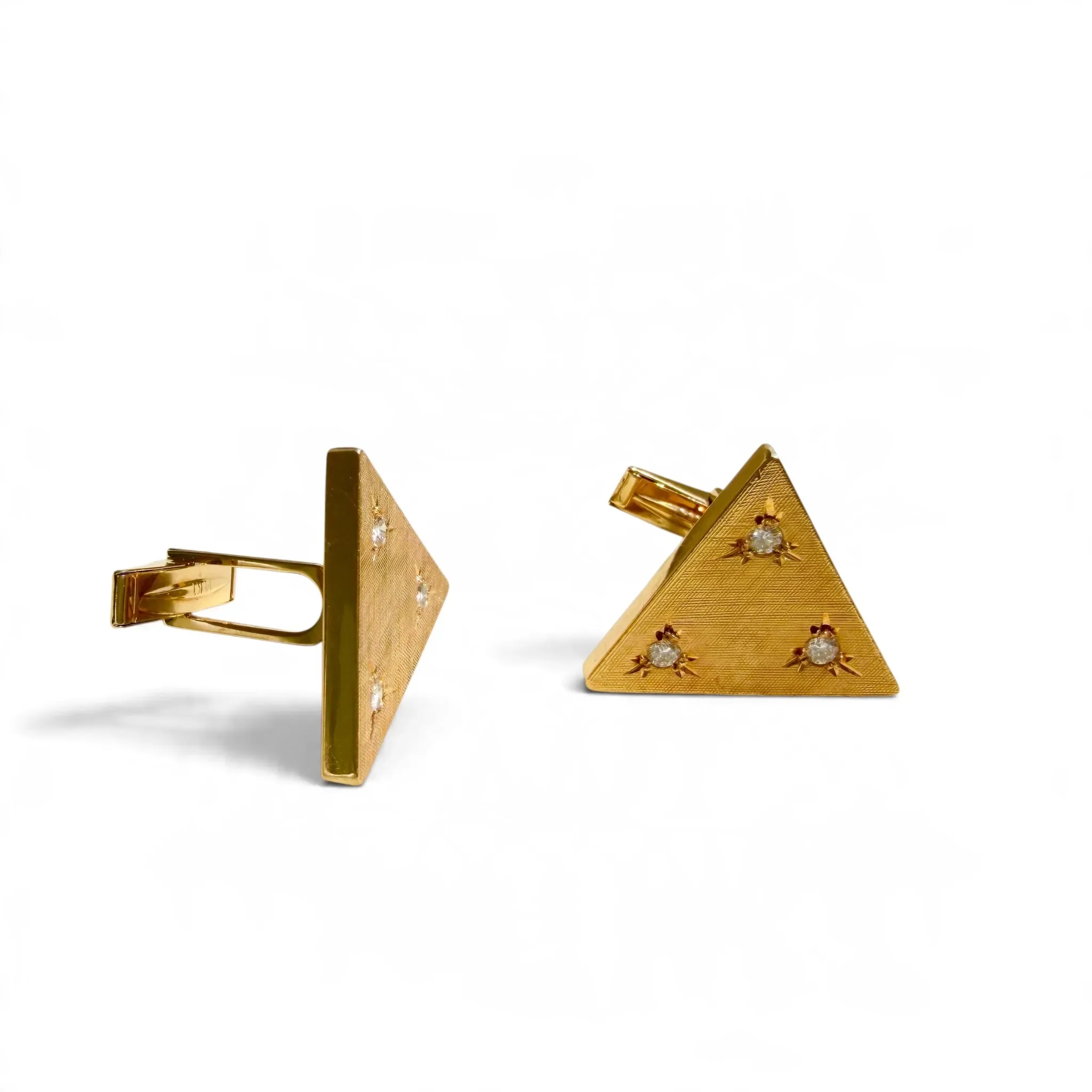 Vintage 14K Yellow Gold Diamond Triangle Cufflinks — Crosshatch Texture, Three Diamonds Each