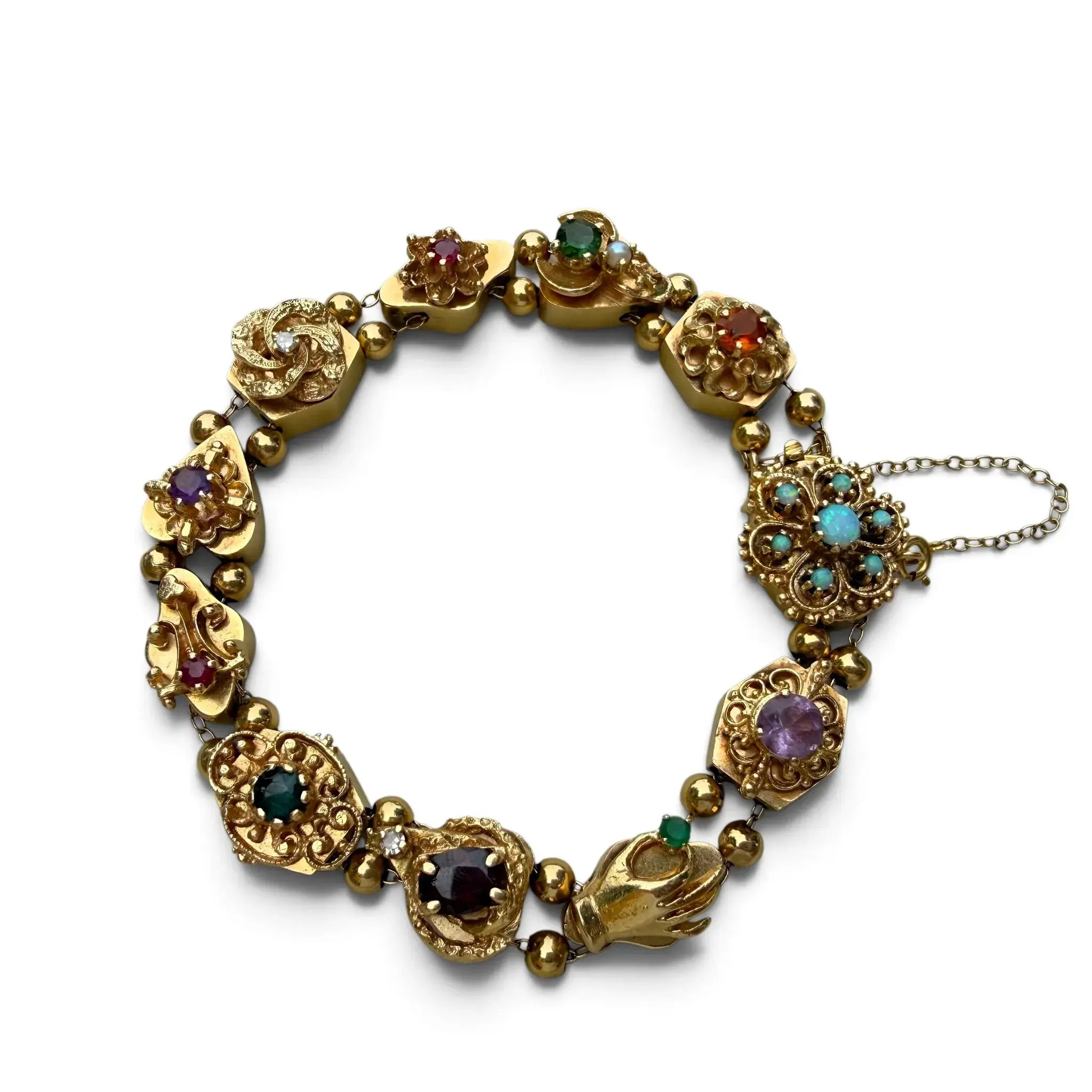 Pulsera de Dijes Estilo Victoriano en Oro Amarillo 14K con Dijes de Múltiples Piedras